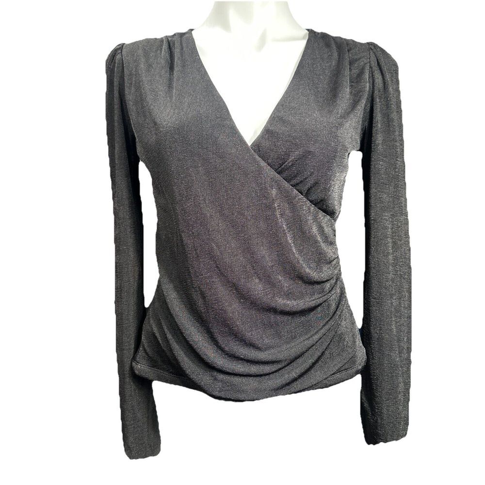 Evereve Small Marla Surplice Top Black Long Sleeve Crossover‎ Front NWT